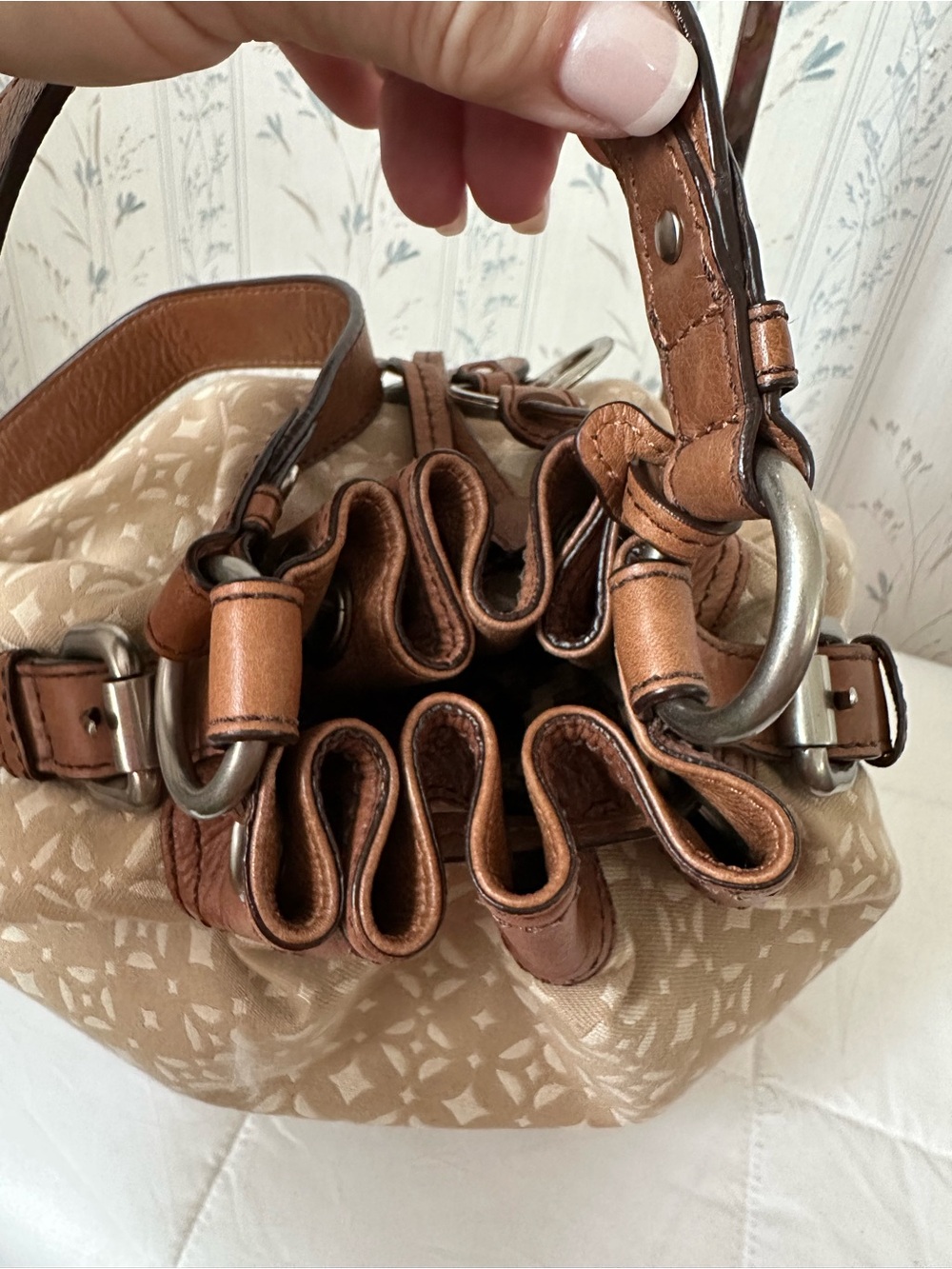 Fossil Beige Patterned Drawstring Bucket Bag with Brown Trim - Picture 8 of 16